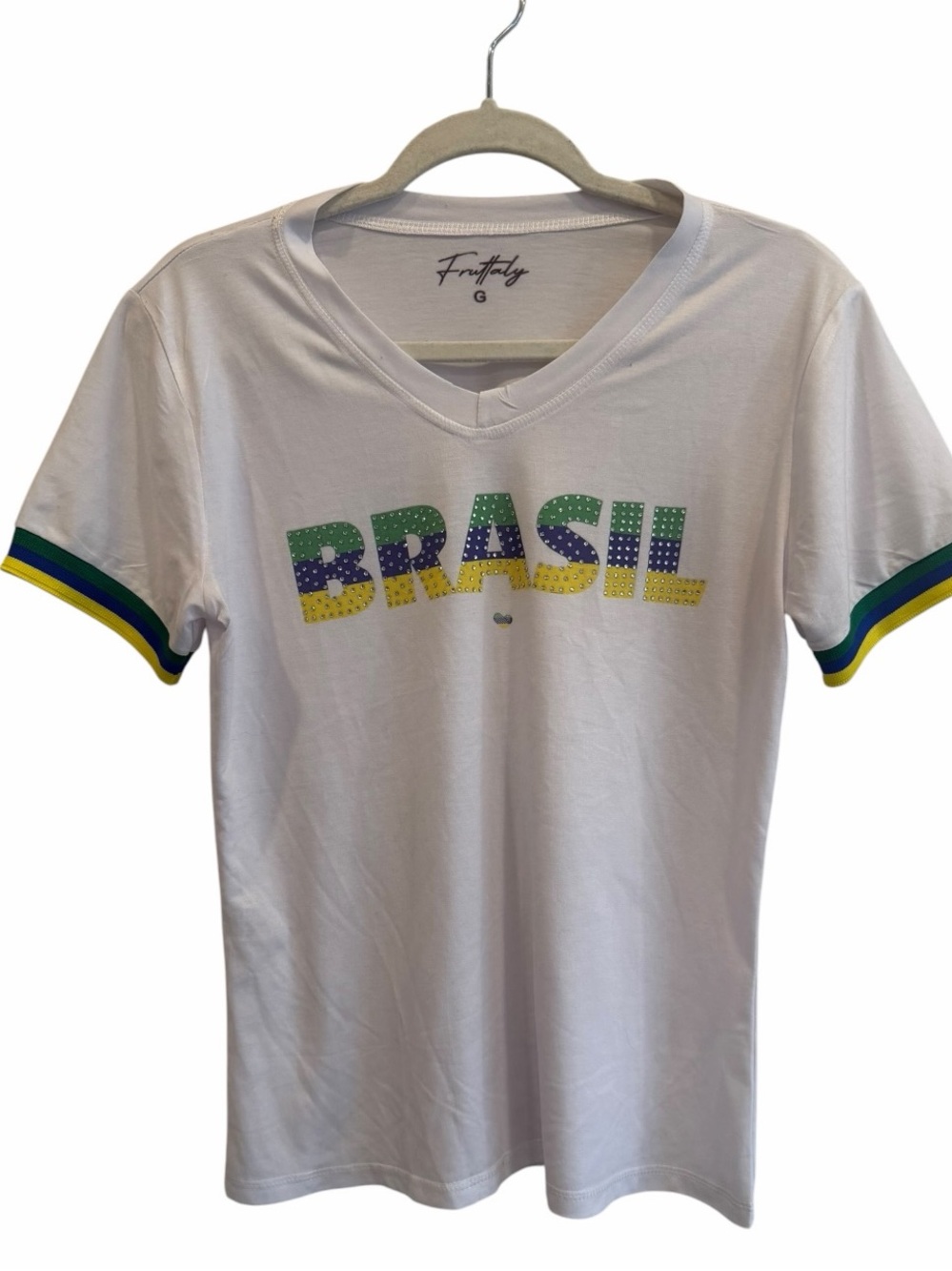 Fruitaly‎ Brazil Rhinestone Graphic T-Shirt White Green Yellow Blue Size large